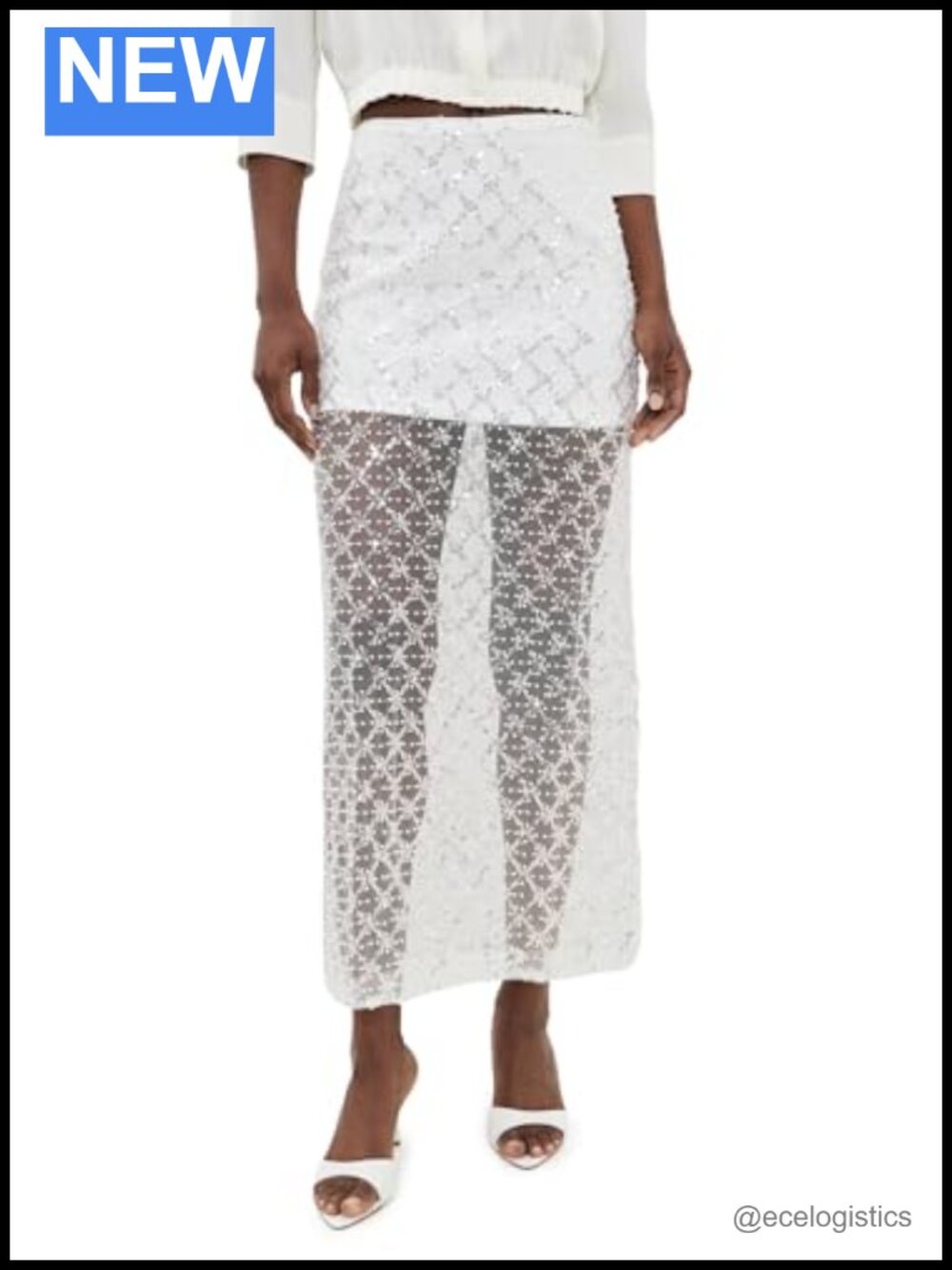 Embellished Mesh Maxi Skirt Sequined Pearl High Rise Work Skirt